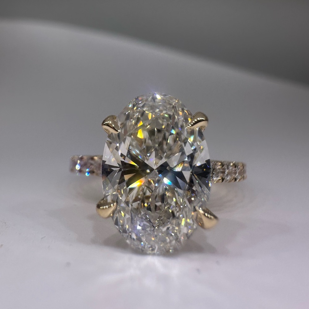 3.09 carat f vvs2 oval lab diamond engagement ring pavé band hidden halo